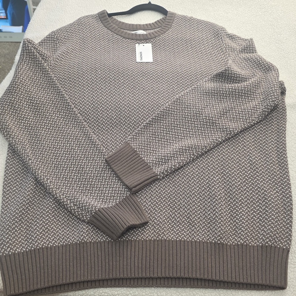 Sonoma Mens Preppy Academia Beige White Birdseye Knit Sweater 2XL Pullover NEW